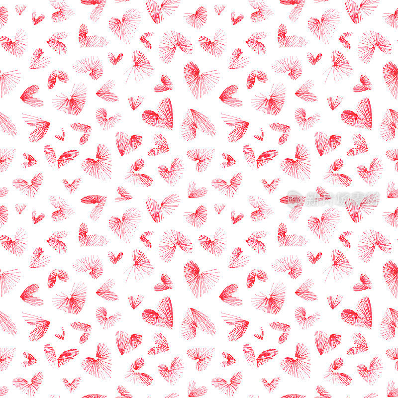 Uneven irregular scattered heart shapes made by hand by one line and thin red pen marker on white paper background - modern simplicity minimalistic vector illustration with gradient and 3D effect
